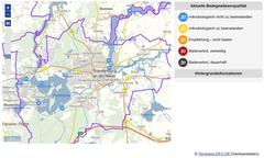 Karte vom Stadtgebiet mit Kennzeichnung der 6 Badestellen, alle mit dem blauen Symbol für "Wasserqualität mikrobiliotisch nicht zu beanstanden"