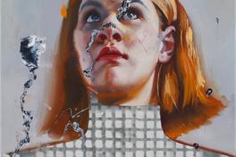 Zeichnung einer jungen Frau mit ernstem Blick, der Körper ist als Gitter dargestellt, das Bild hat Risse/Flecken