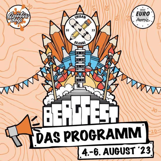 Bunte Zeichnung eines Berges, bestehend aus Stiften, Skateboard und der Friedenswarte, darunter steht: Bergfest, das Programm, 4.-6. August '23