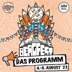 Grafik_Poster Bunte Zeichnung eines Berges, bestehend aus Stiften, Skateboard und der Friedenswarte, darunter steht: Bergfest, das Programm, 4.-6. August '23