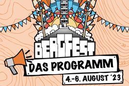 Bunte Zeichnung eines Berges, bestehend aus Stiften, Skateboard und der Friedenswarte, darunter steht: Bergfest, das Programm, 4.-6. August '23