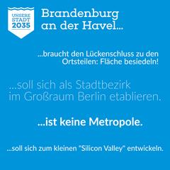 Leitbild-Kommentare Logo von "Unsere Stadt 2035" auf blauem Hintergrund, dazu der Text "Brandenburg an der Havel ... ....braucht den Lückenschluss zu den Ortsteilen: Fläc