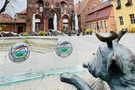 Pokal auf dem Springbrunnenrand vor dem Altstädtischen Rathaus