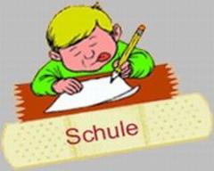Schulpsychologie Comicfoto Schüler am roten Tisch der mit Stift etwas aufschreibt