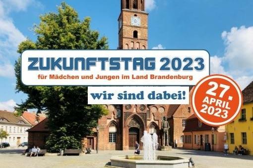 Rathaus im Hintergrund, davor der Text: Zukunftstag 2023 ... Wir sind dabei!