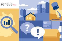 Grafik mit der Aufschrift "Zensus 2022" und Zeichnungen für Statistik, Haushalt, Interview, Antworten