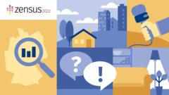 Grafik mit der Aufschrift "Zensus 2022" und Zeichnungen für Statistik, Haushalt, Interview, Antworten