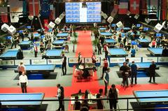 Wettkampfstätte Alle zwei Jahre wird der Stahlpalast zur imposanten Billard-Arena, wie hier zum ersten Mal bei der EM 2013. (Quelle: Billard-Magazin "touch")