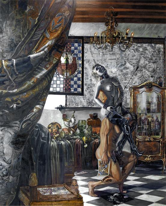 Foto zeigt das Bild "Der Unliebbare" des Künstlers Jan Friedrich. Zu sehen sind eine Frau aif dem Rücken eines Mannes in einem Zimmer.