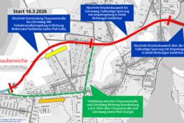 Karte zu den Baubereichen und der Umleitungsstrecke.