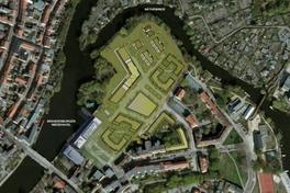 Luftbild vom Packhof mit Entwurf für Bebauung