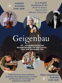 Am Freitag, 25.08.2022 laden die Geigenbauer zum Konzert mit Kathrin Rabus (Violine), Sejune Kim (Viola) und Nikolai Schneider (Violoncello).