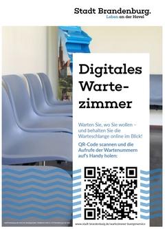 Plakat, im Hintergrund ein Foto vom Wartezimmer, im Vordergrund Text zur Erklärung des Digitalen Wartezimmers