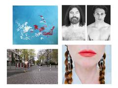 Bild zeigt Collage von vier Einzelbildern mit verschiedenen Motiven der Kunstausstellung: Künstler*innen Lilo C. Karsten, Saskia Barth, Carla Pohl, Ta