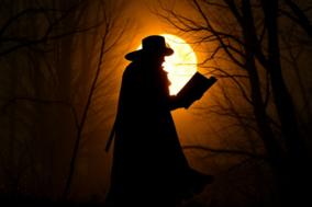 Der Schatten eines Mannes mit Umhang und großen Buch in der Hand hebt sich vor dem Vollmond ab. Kahle Bäume umrahmen die Szene.