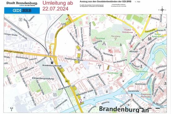 Stadtplan mit Darstellung der Umleitung für Autofahrer