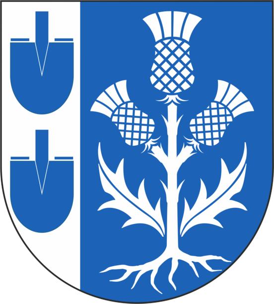 Das Wappen von Wust zeigt in einem blauen Schild eine silberne dreiköpfige Distel und in einer silbernen Flanke zwei blaue Spatenblätter.