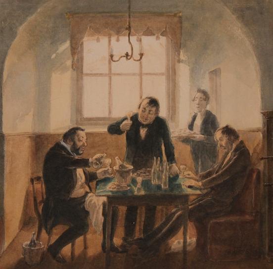 Theodor Hosemann, Schlemmerfrühstück, Aquarell, 1856