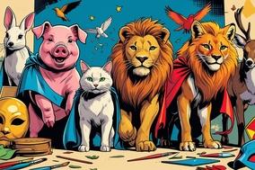Tier-Comic mit Hase, Schwein, Katze, Löwe und Hirsch.