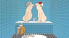 Loriots Comicfiguren stehen sich in der Badewanne gegenüber.