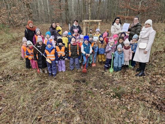 Kindergartengruppe pflanzt Baum im Bürgerwald