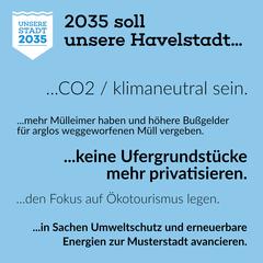 Leitbild-Kommentare Logo von "Unsere Stadt 2035" auf blauem Hintergrund, dazu der Text "2035 soll unsere Havelstadt... ...Co2 / klimaneutral sein. ...mehr Mülleimer haben