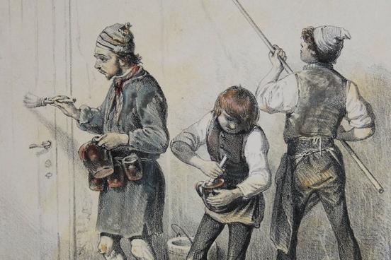Theodor Hosemann, Die drei Stubenmaler, Kreidelithografie, koloriert, 1843