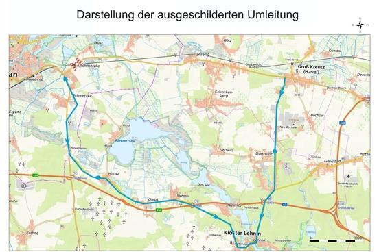 Stadtplan mit Darstellung der Umleitung für Autofahrer