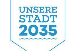 Grafik mit Pfeil nach unten und Welle darüber, sowie Text: Unsere Stadt 2035