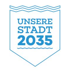 Grafik mit Pfeil nach unten und Welle darüber, sowie Text: Unsere Stadt 2035