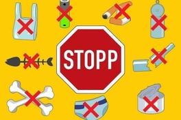 Graik: Ein Aufkleber für die biotonne: Gelber Hintergurnd mit Symbolen udn Stopp-Schild