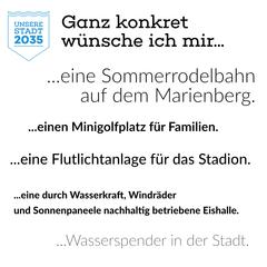 Leitbild-Kommentare Logo von "Unsere Stadt 2035" auf weißem Hintergrund, dazu der Text "Ganz konkret wünsche ich mir ... ...eine Sommerrodelbahn auf dem Marienberg. ...ei