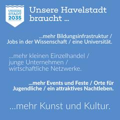 Leitbild-Kommentare Logo von "Unsere Stadt 2035" auf blauem Hintergrund, dazu der Text "Unsere Havelstadt braucht ... ...mehr Bildungsinfrastruktur / Jobs in der Wissensc