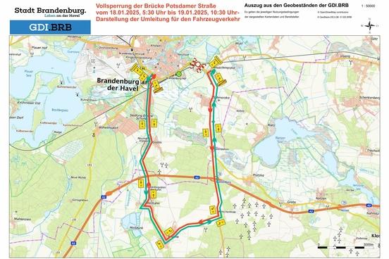 Stadtplan mit Darstellung der Umleitung für Autofahrer