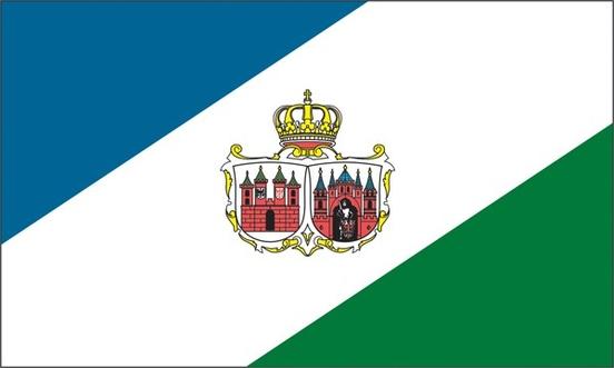 Stadtflagge Diagonal gestreifte Flagge in blau-weiß-grün, auf dem weißen Streifen das Doppelwappen