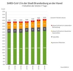 Grafik: Gesamtfallzahlen inkl. Unterteilung für die letzten 7 Tage