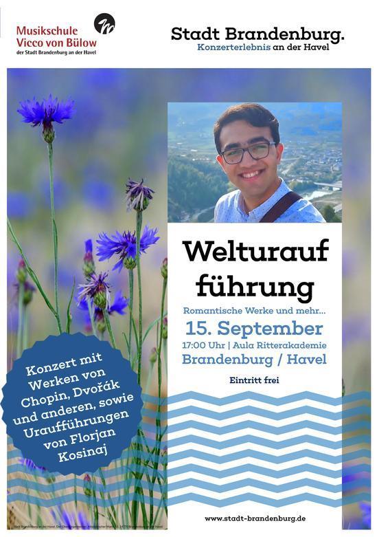 Plakat zum Konzert mit Foto eines lächelnden jungen Mannes mit Brille, einer Blumenwiese im Hintergrund, Text: Welturaufführung und vieles mehr