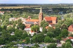 Der Dom zu Brandenburg von Oben. Es sind grüne Bäume zu sehen, das Dach vom Dom und der Trum ragt heraus.