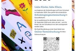 Plakat mit Text und Link zur Terminvereinbarung für Schuleingangsuntersuchungen – alle Informationen im nebenstehenden Text enthalten