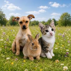 Hund, Kaninchen und Katze auf einer Wiese