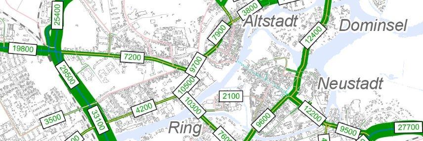 Verkehrsplanung Ausschnitt einer Karte, auf der Zahlen zu Verkehrsströmen eingetragen sind