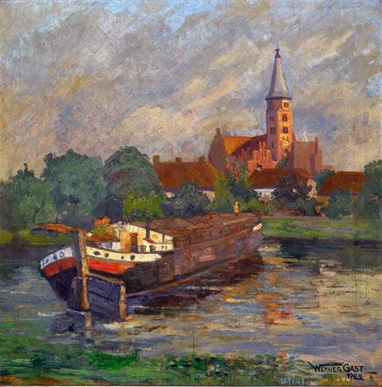 Ein Lastkahn wendet auf der Niederhavel, im Hintergrund leuchtet der Dom in der Abendsonne – Werner Gast hielt 1922 eine alltägliche Szene gekonnt auf