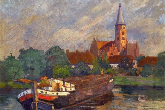 Ein Lastkahn wendet auf der Niederhavel, im Hintergrund leuchtet der Dom in der Abendsonne – Werner Gast hielt 1922 eine alltägliche Szene gekonnt auf