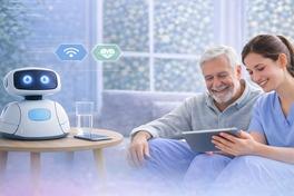 Pflegerin mit Roboter und älteren Mann.