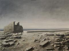 Bild zeigt eine düstere, karge Landschaft in braungrauen Farben mit einem verfallenen Haus im Hintergrund.